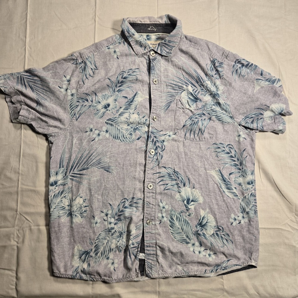 Tommy Bahama Hawaiian Shirt Mens Large Gray Camp Shirt Floral 100% Silk Hibiscus